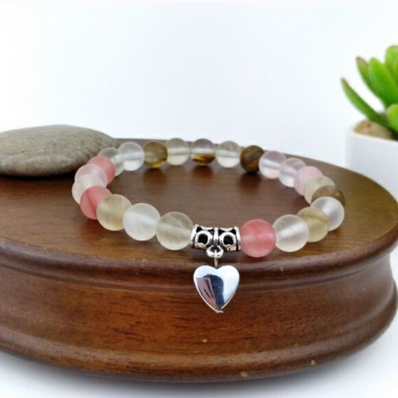 🍒 CHERRY QUARTZ HEART CHARM BRACELET 🍒 - Picture 1 of 5